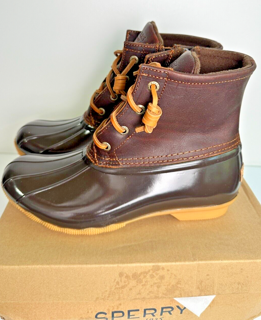 Sperry Women's 7M Saltwater Duck Boots Rubber Leather Tan Dark Brown STS91176