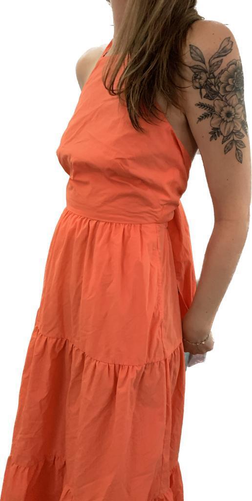 Gap Womens 0 Tie-Back Halter Maxi Dress 814622 Neon Coral Orange Salmon Tiered