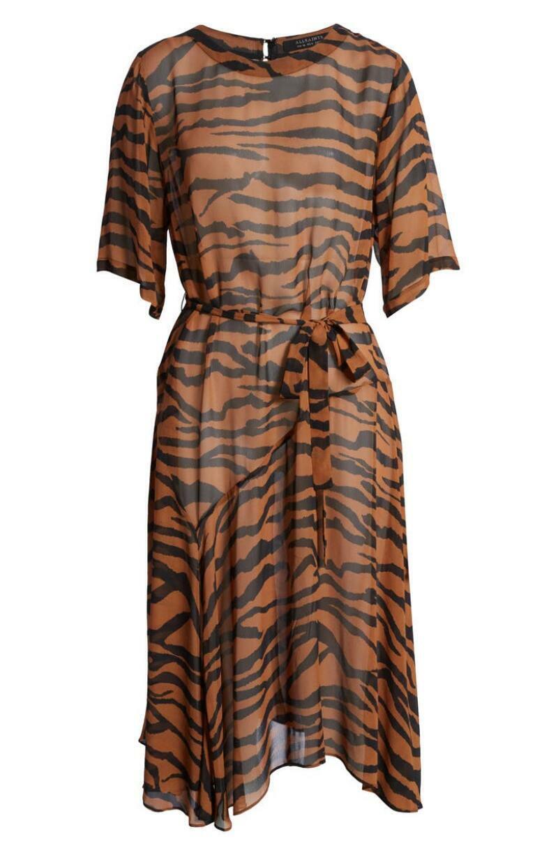 Allsaints Womens XS Brown Black Chiffon Belted Enki Zephyr Tiger Stripe Dress