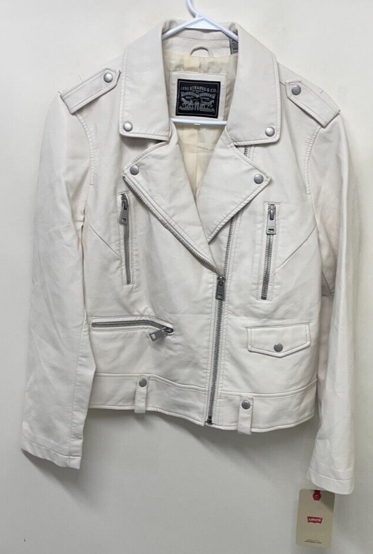 Levis Womens 2XL Faux-Leather Contemporary Motorcycle Jacket Ivory LW2MU638