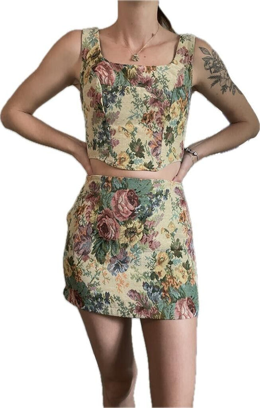 Cider Womens XS Grandmas Vineyard 2 Piece Floral Mini Skirt Jacquard Set Corset