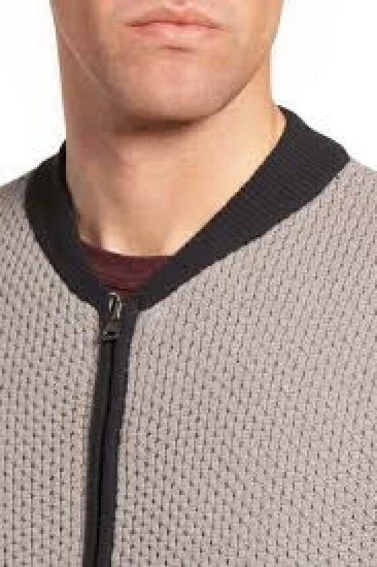 Singer + Sargent Mens L Taupe Gray Black Zip Up Honeycomb Knit Cardigan Sweater