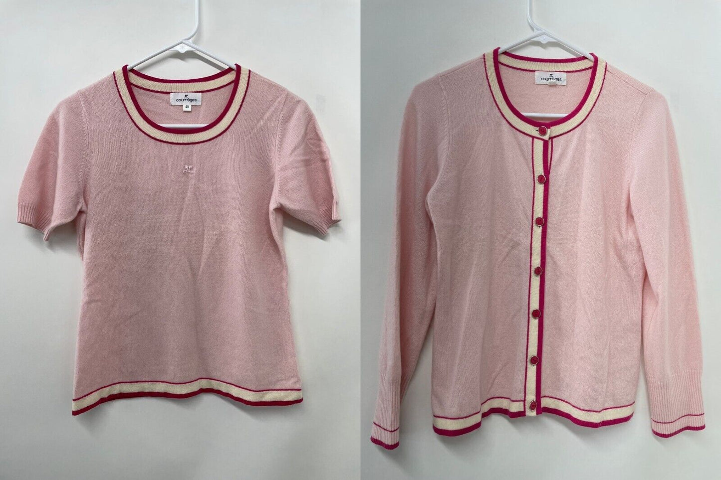 Courreges Womens 40 Lot of 2 Pink Cashmere Sweater Short Sleeve & Cardigan