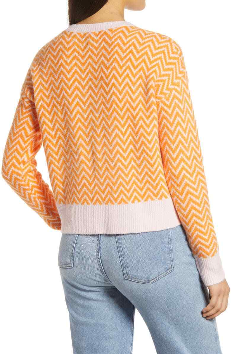 Halogen x Atlantic-Pacific Womens XS Orange Pink Boxy Zigzag Stripe Sweater Crop