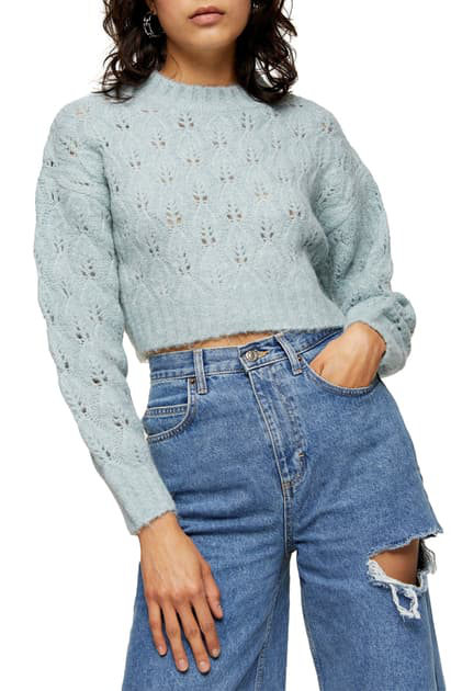 Topshop Womens S 4-6 Crop Pointelle Sweater Light Blue Knit Pullover Mock Neck