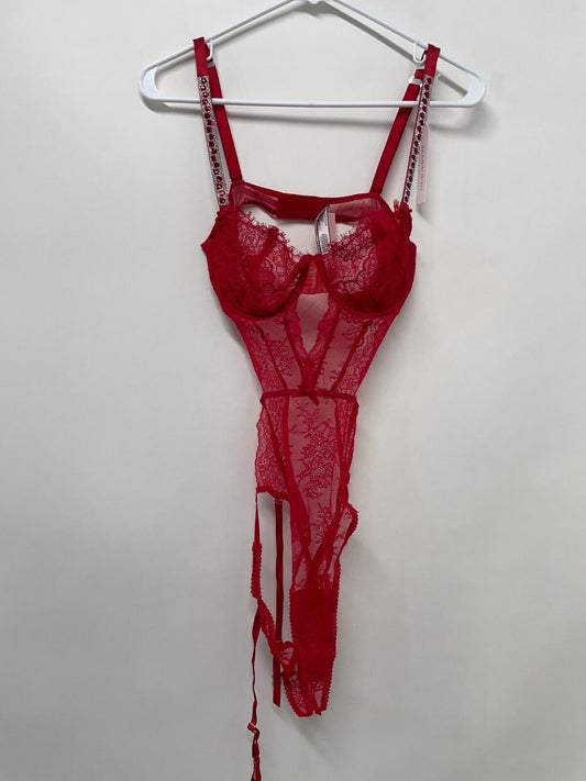 Victoria's Secret Womens M Wicked Unlined Shine Strap Garter Teddy Lipstick Red