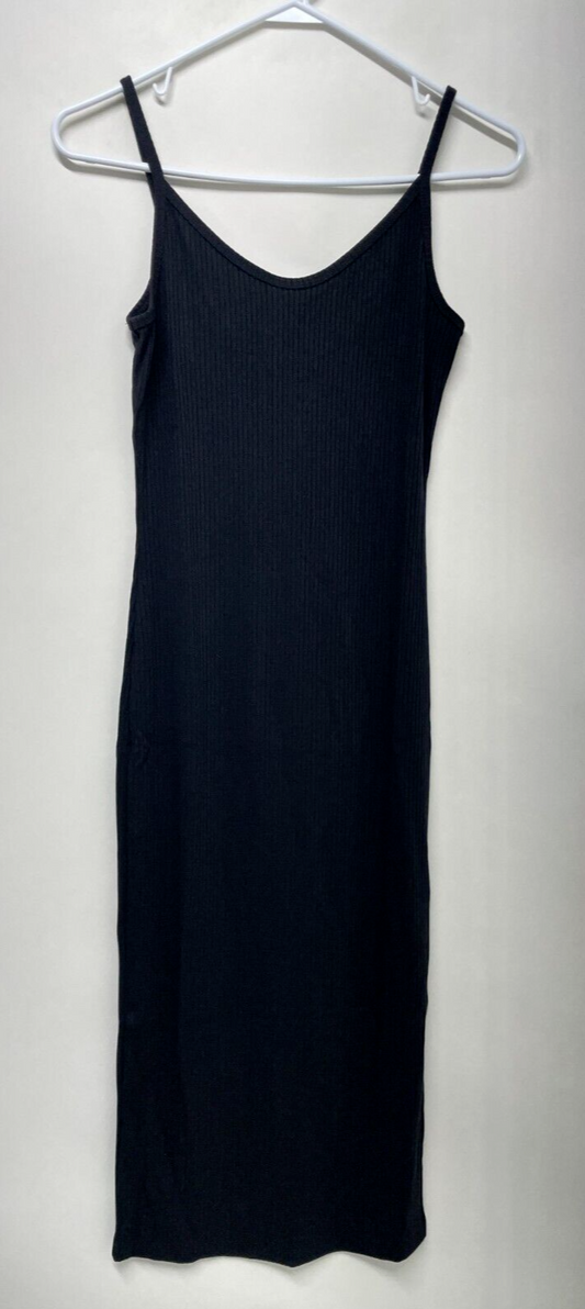 Fabletics Women's XXS Aubrey Rib Dress Black Side Slit Contouring Midi Tank NWT