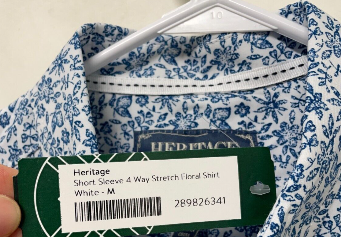 Heritage Mens M Short Sleeve 4-Way Stretch Floral Shirt White/Blue Casual NWT