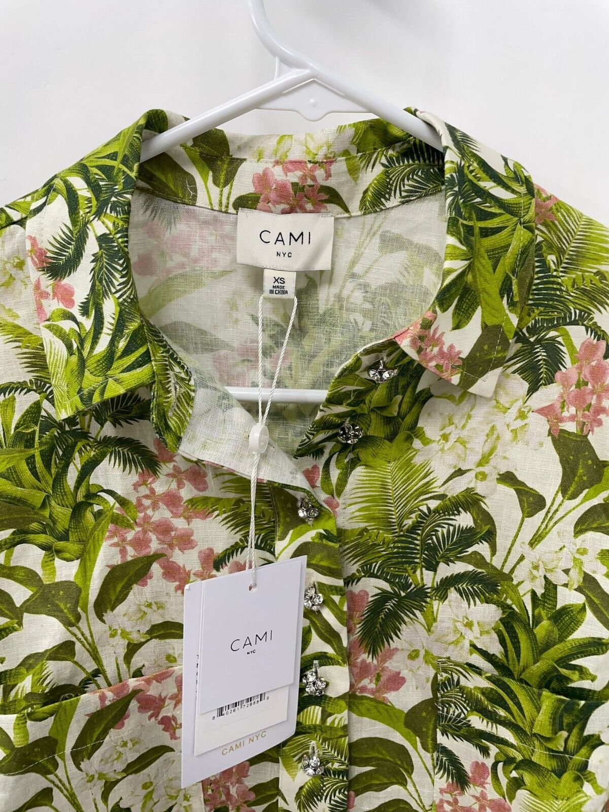 Cami NYC Women XS Belkis Top Button Up Linen Shirt Floral Hawaiian Tropics Green