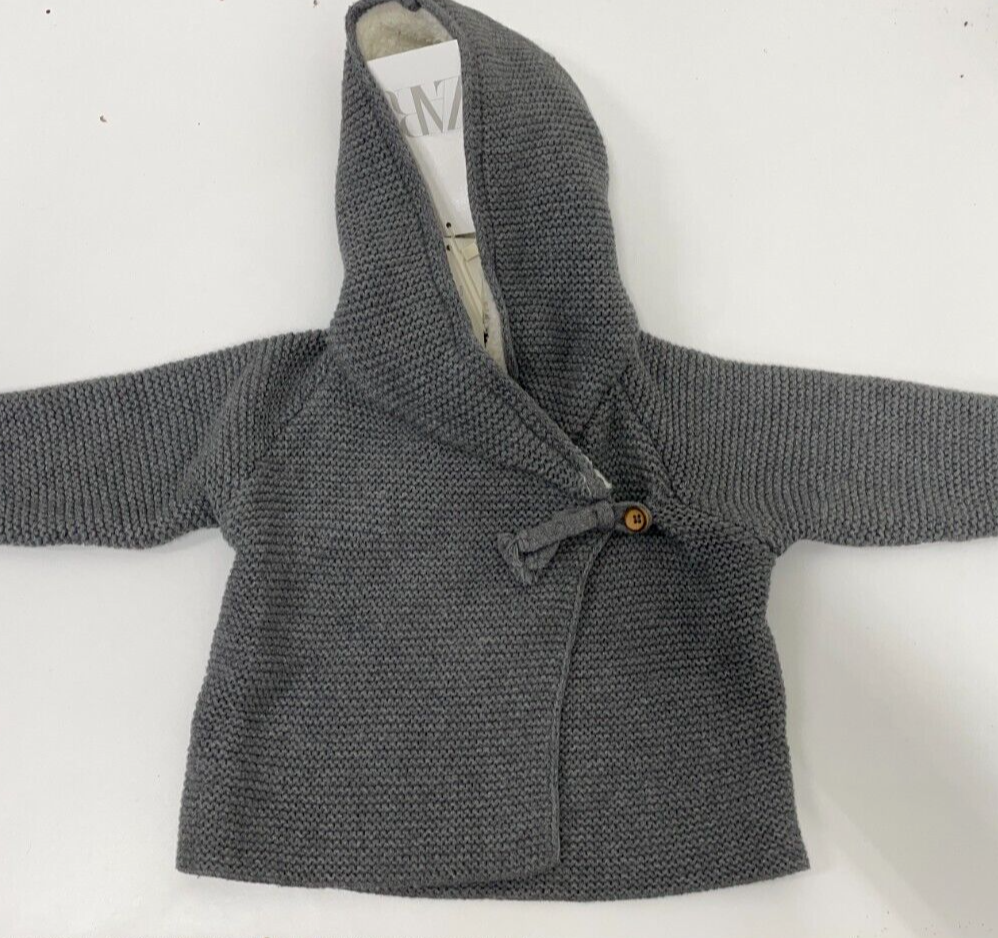 Zara Baby Girl 3-6M Sheep Effect Sweater Coat Gray Fleece Lined Hoodie W/ Pompom
