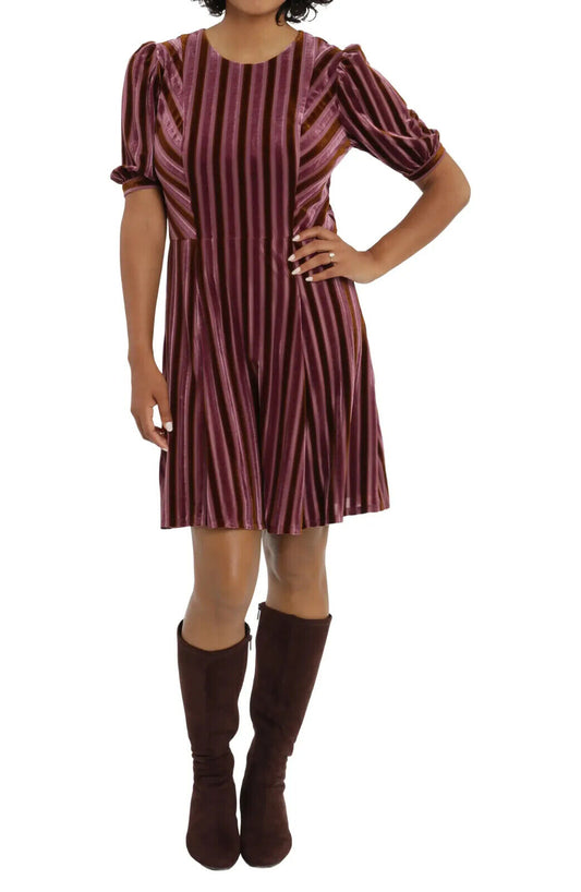 London Times Womens 8 Orchid Purple Velvet Stripe Puff Sleeve Dress Isani Stripe