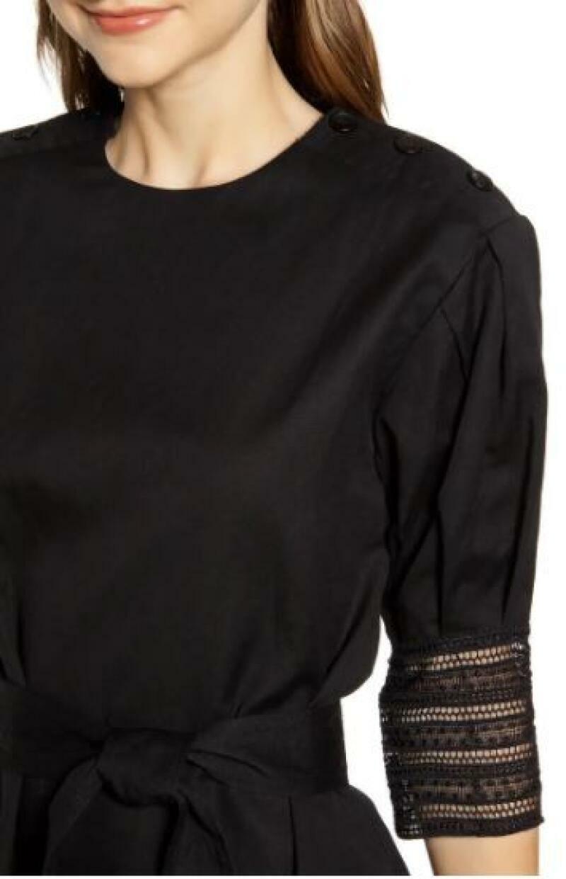 Rebecca Minkoff Womens S Black Georgina Lace Trim Dress Tie Waist Belted Linen