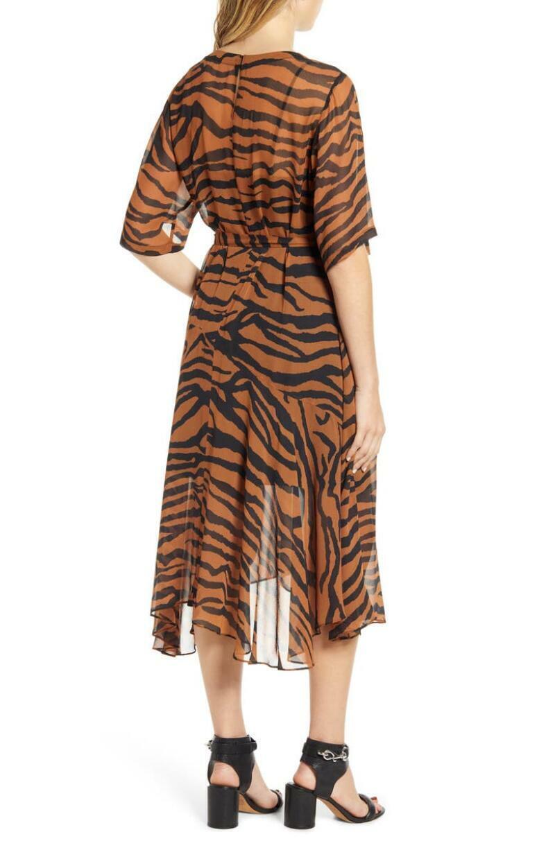 Allsaints Womens XS Brown Black Chiffon Belted Enki Zephyr Tiger Stripe Dress