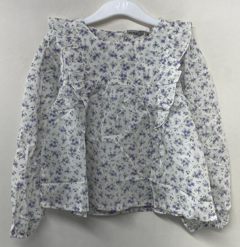 Mango Kids Girls 7 Floral Ruffled Blouse Cotton Long Sleeve Round Neck 47045138