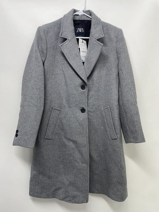 ZARA Womens L Wool Blend Fitted Coat Grey Collared Side Slash Pockets 7322/386