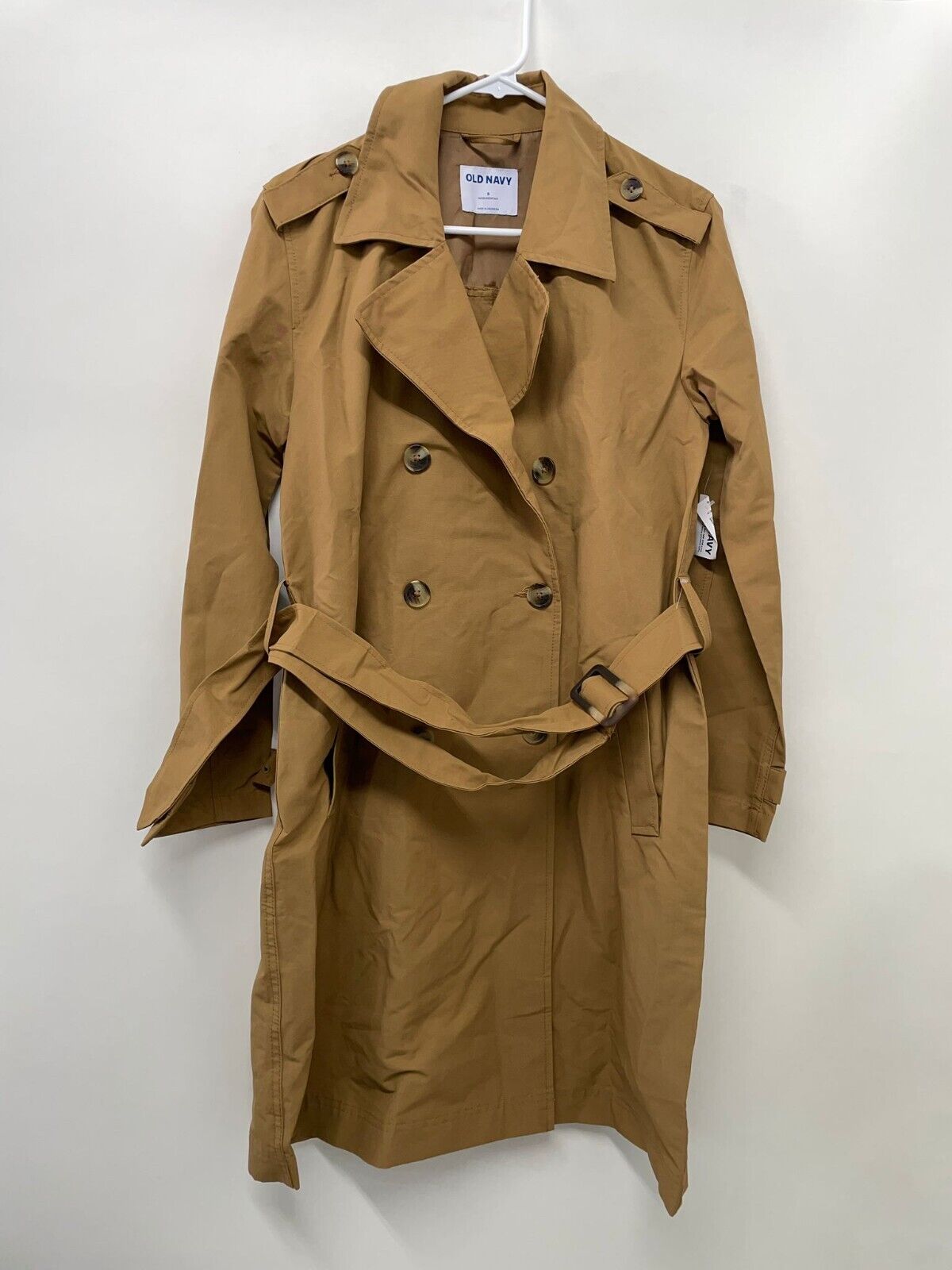 Old Navy Womens S Water Resistant Tie Belt Trench Coat Tan Acacia Long Jacket