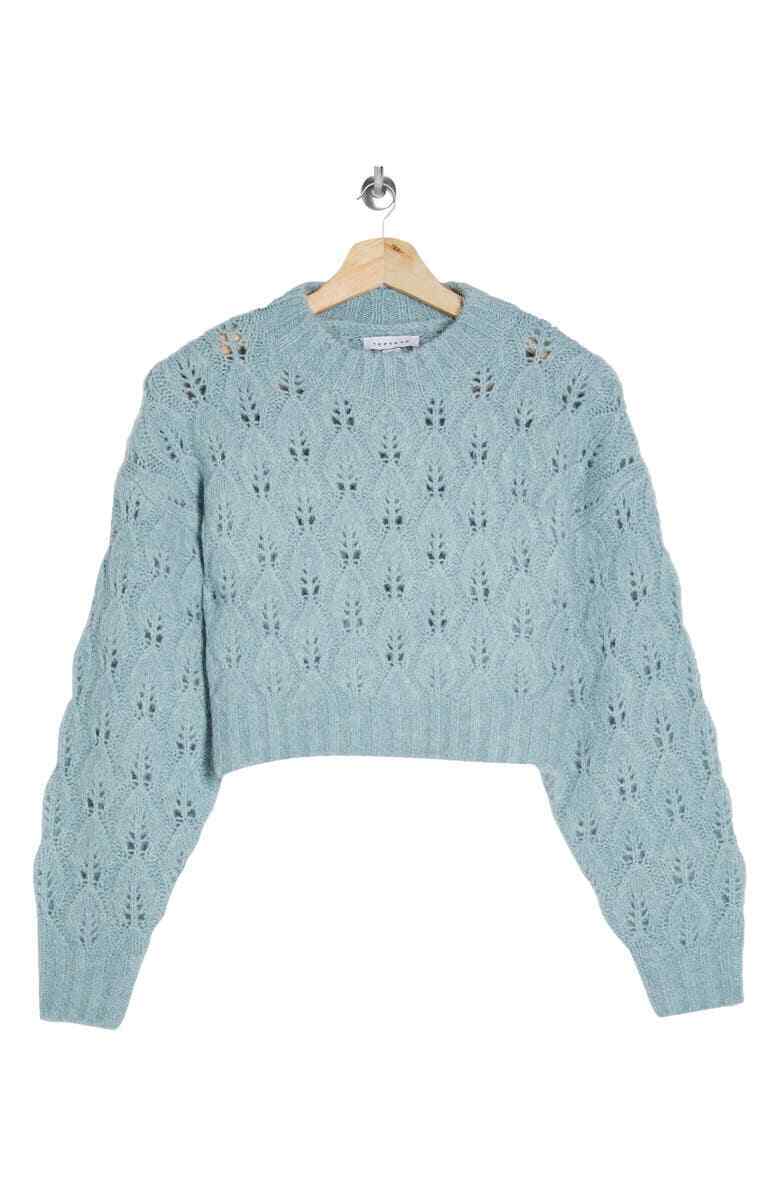 Topshop Womens S 4-6 Crop Pointelle Sweater Light Blue Knit Pullover Mock Neck