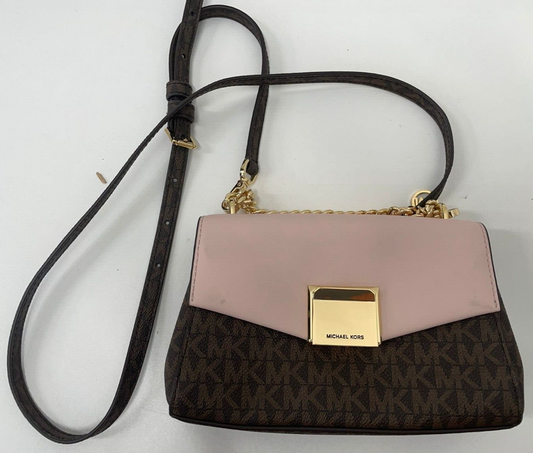 Michael Kors Lita Small Leather Crossbody Bag Brown Signature Logo Purse Pink