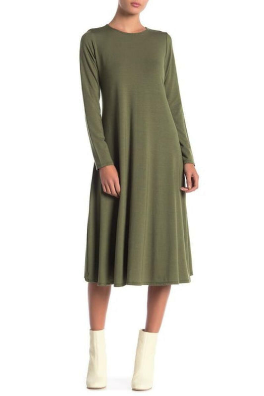 Go Couture Womens M Hunter Green Crew Neck Long Sleeve Flared Dress USA Made