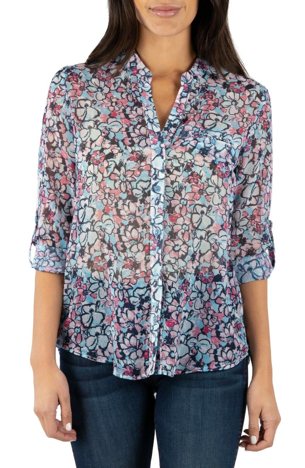 Kut from the Kloth Womens Jasmine Button Down Sheer Top Blouse Shirt Floral