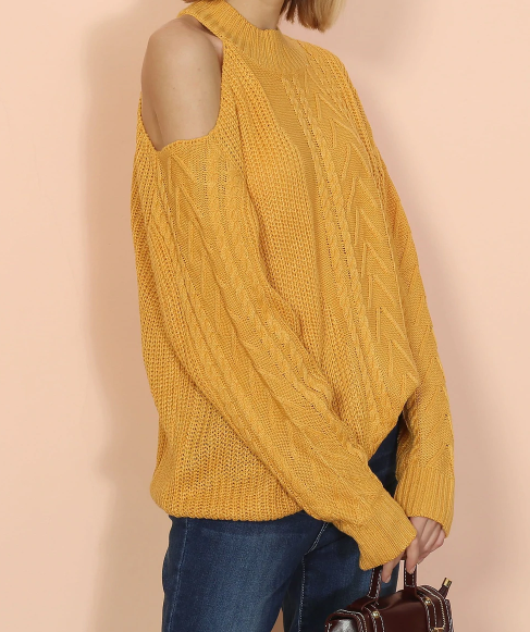 Ann Kaci California Womens Cut Out Drop Shoulder Cable Knit Sweater Yellow