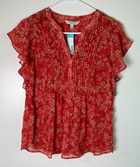 Liverpool Los Angeles Womens S Ruffle Flutter Sleeve Blouse Berry Red Floral Top