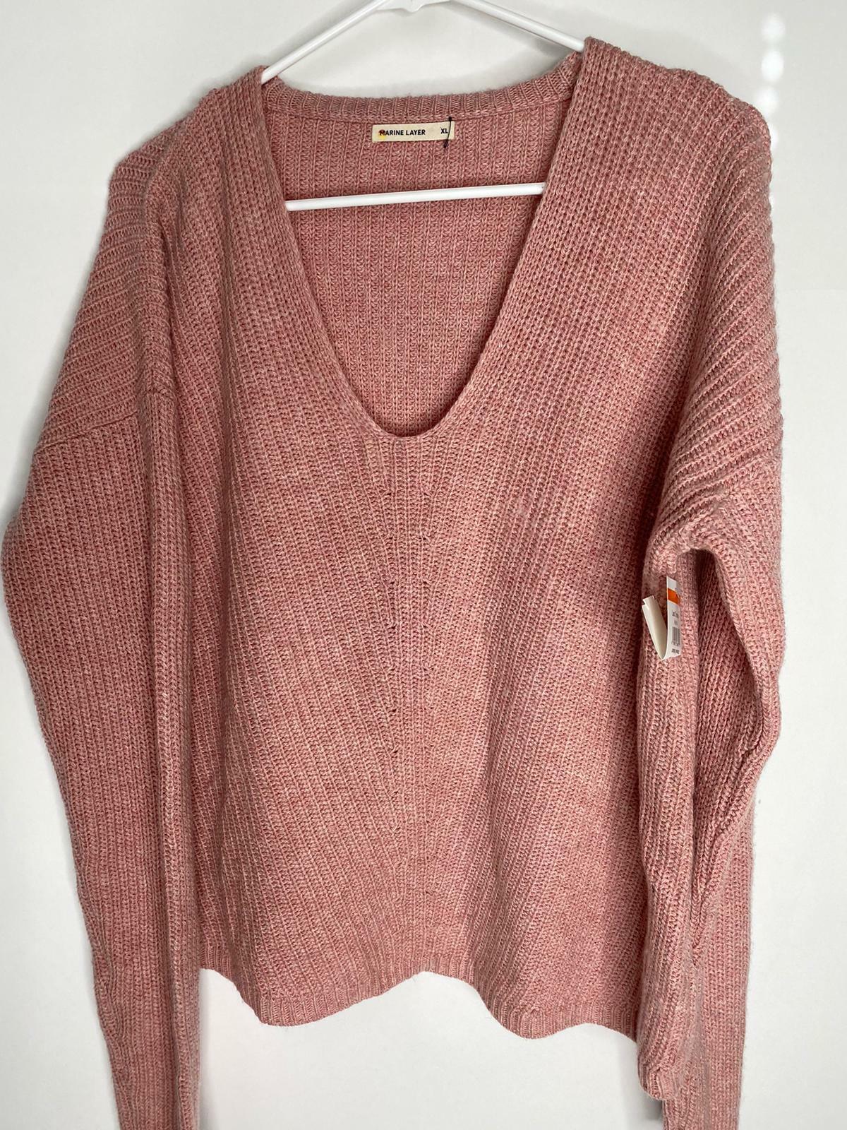 Marine Layer Womens XL Pointelle Elisa Ribbed V-Neck Sweater Pink Cashmere