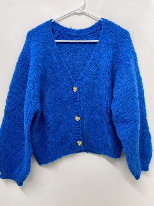 By-Bar Womens S Mae Hector Cardigan Sweater Blue Wave Alpaca Wool Puff Sleeve