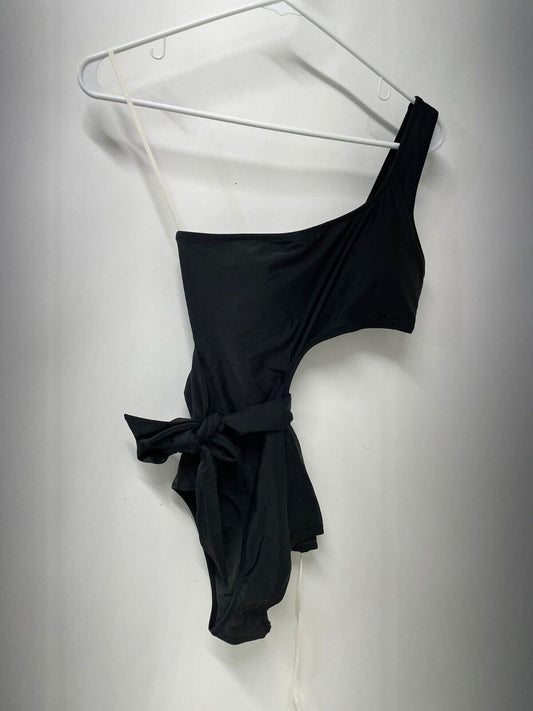Aerie Womens S Black Wrap Cut Out Tie Asymmetrical One Piece Shoulder Swimsuit