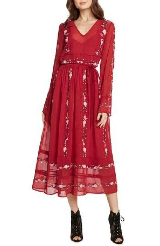 Willow & Clay Womens S Scarlet Red Embroidered Midi Dress Floral Boho Hippie