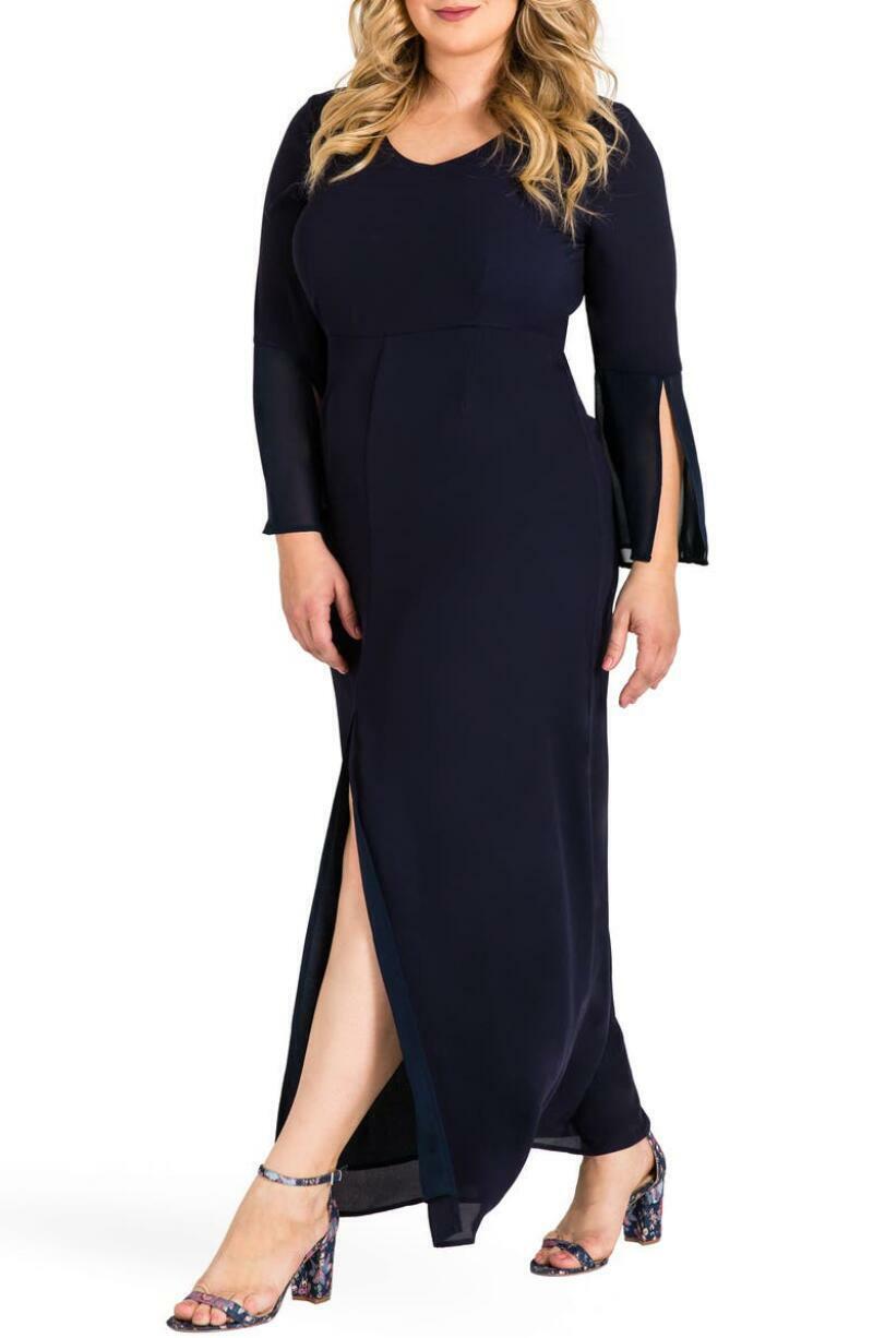 Standards & Practices Womens 1X Navy Norah Maxi Dress Chiffon Bell Sleeve Sheer