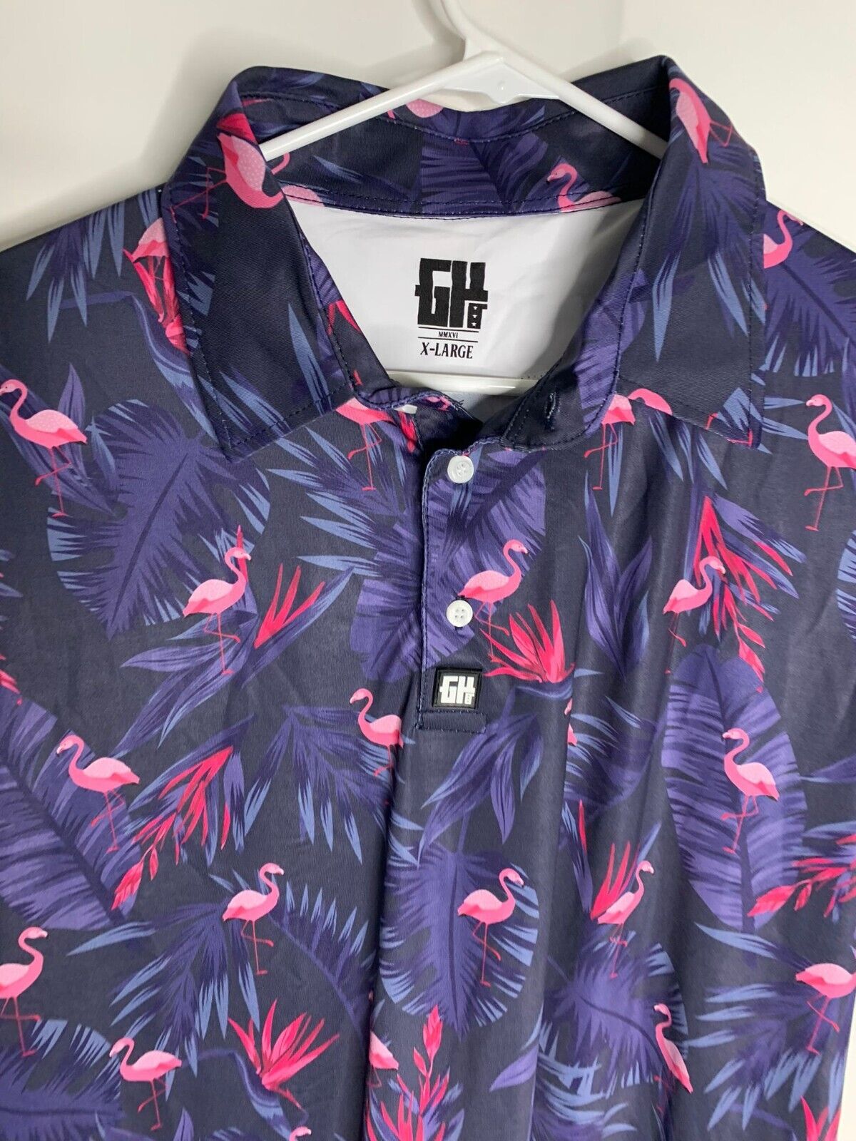 Greater Half Mens XL Navy Blue Flamingo Print Golf Polo Performance Fit