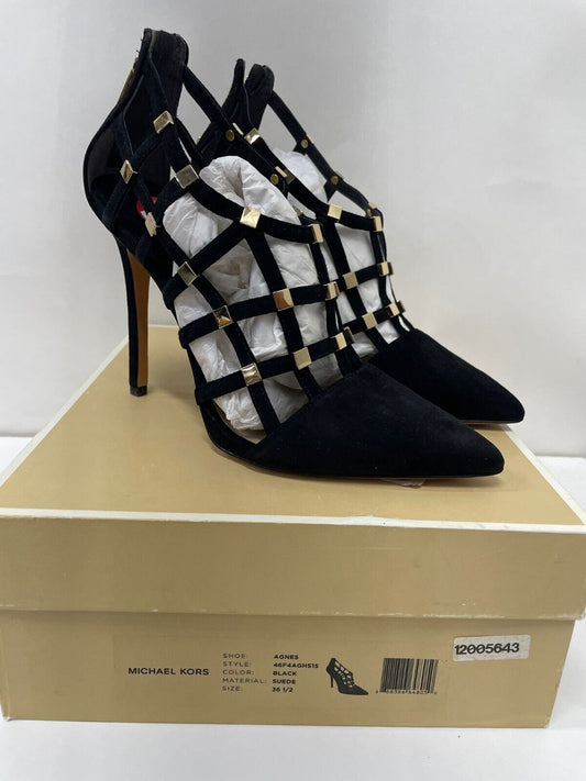 Michael Kors Womens 36.5 Agnes Black Suede Heels Cage Pumps Studded Stiletto
