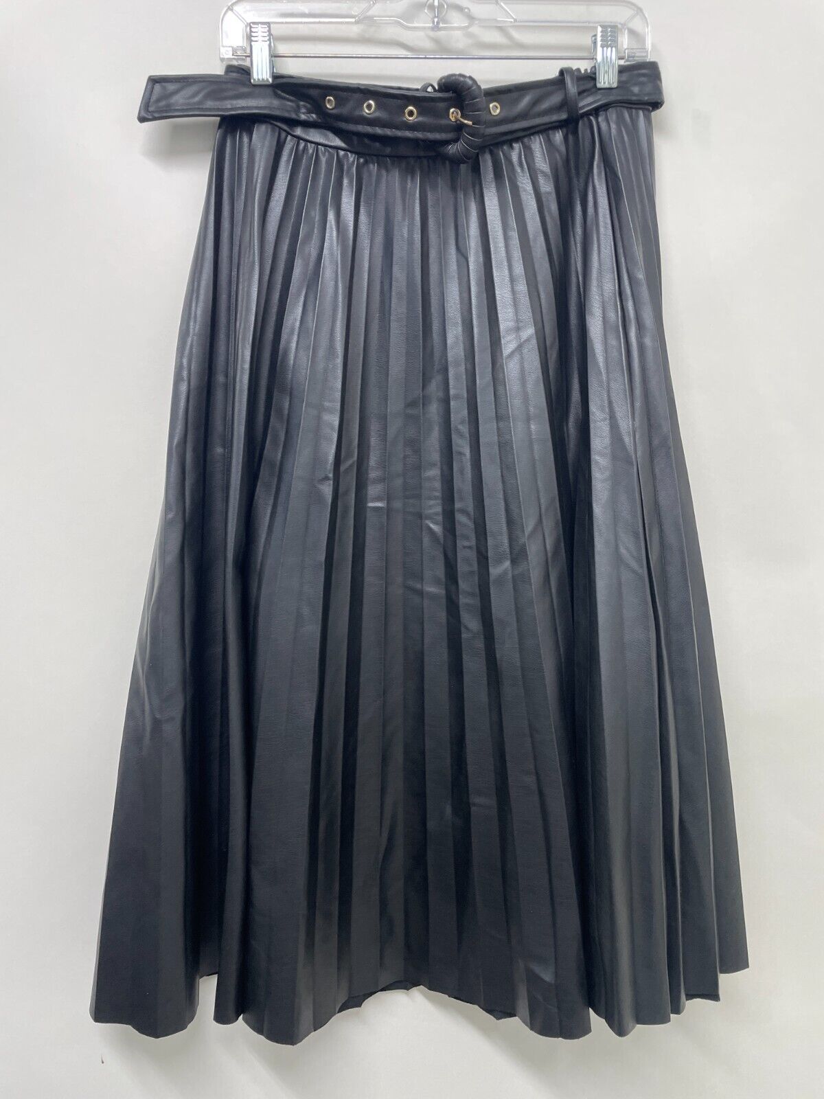 Zara Womens M Faux Leather Pleated Midi Skirt Black High Waisted 3046/331/800