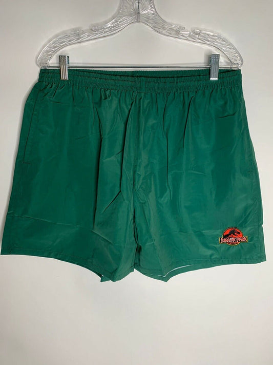 Dumbgood Mens XL Green Lined Jurassic Park Swim Trunks Swimsuit Logo Teal Shorts