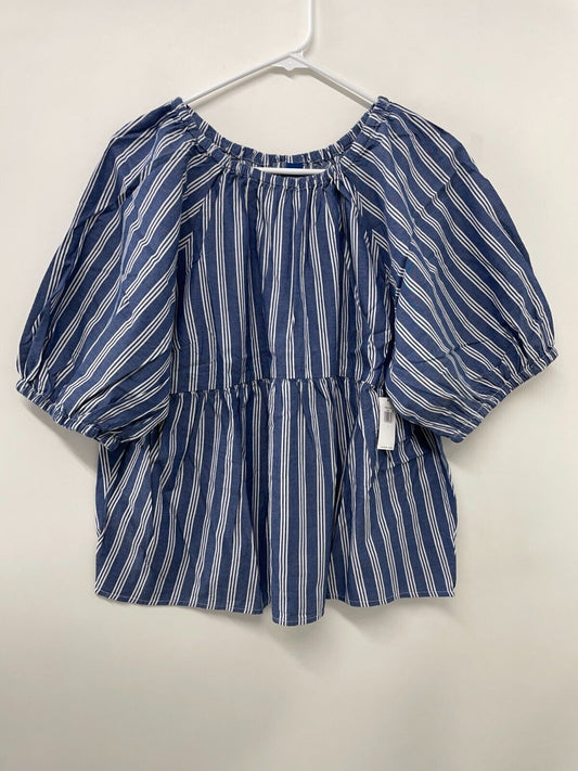 Old Navy Womens L Patterned Puff Sleeve Swing Top Blue Stripe 822075-00-1 NWT