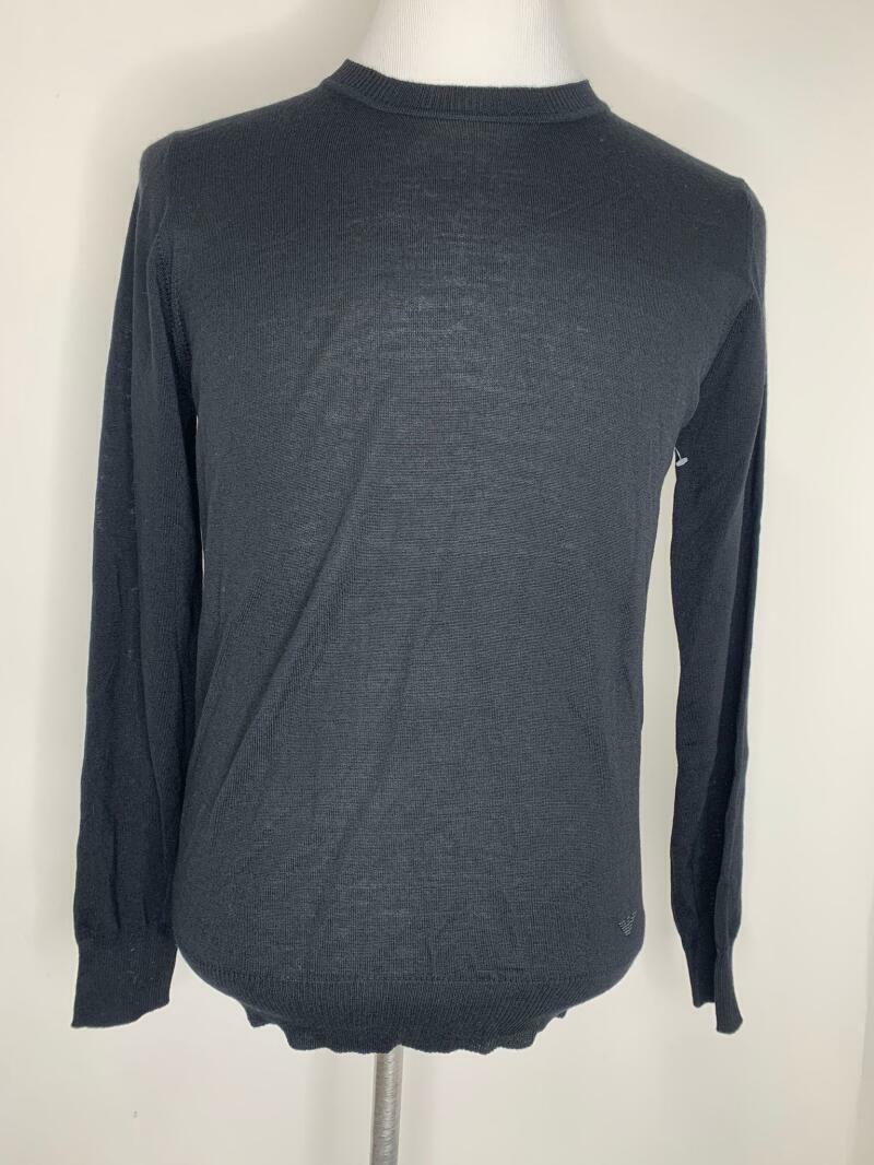 Emporio Armani Mens 48 Black Solid Virgin Wool Crewneck Pullover Sweater Jumper