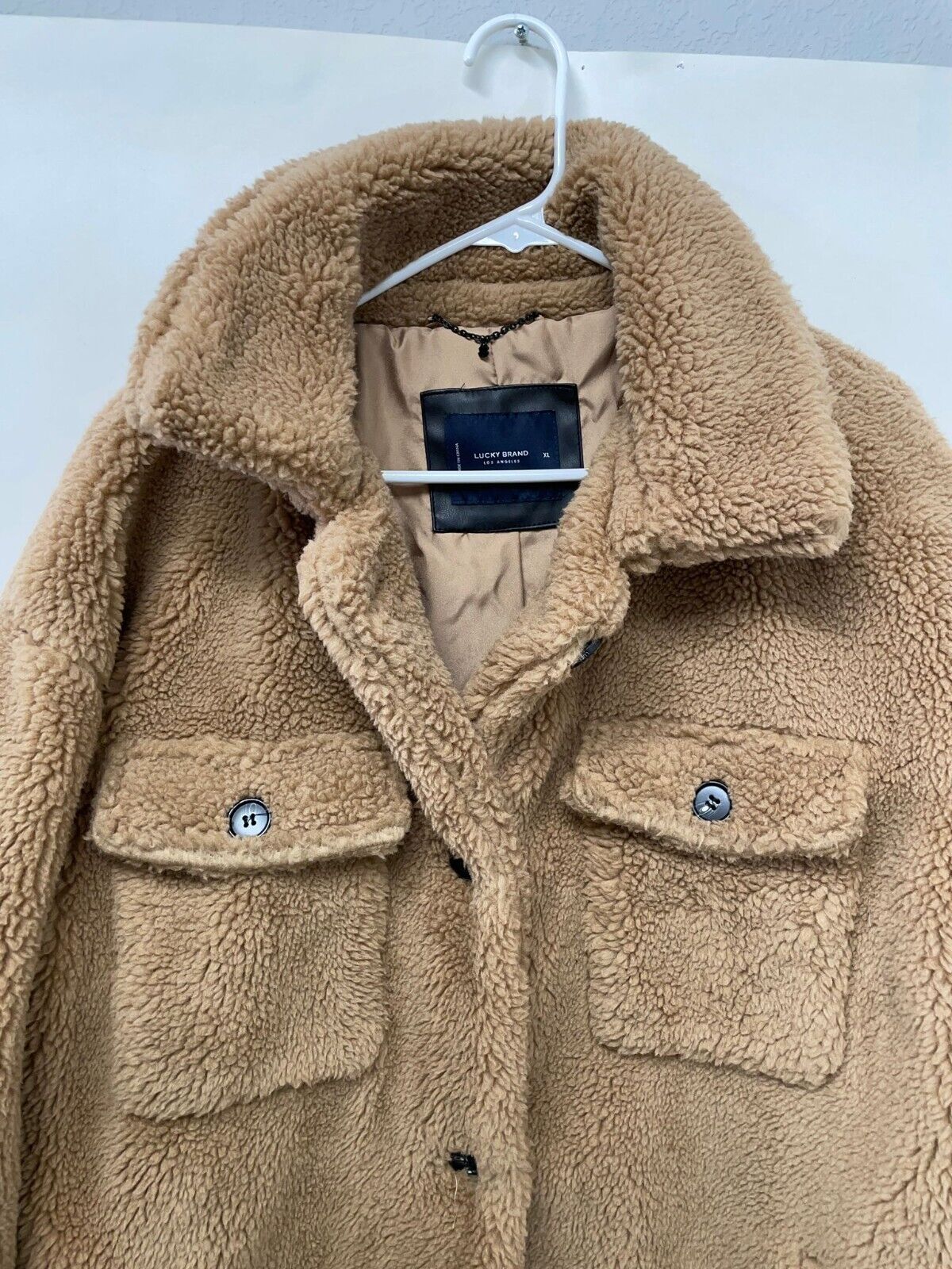 Lucky Brand Womens XL Faux Fur Mid Length Trucker Coat Sherpa Teddy