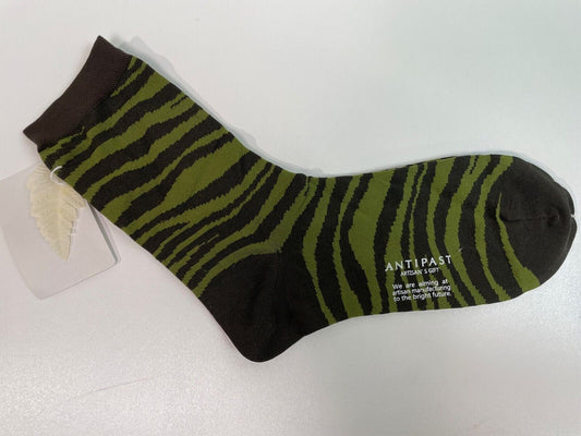 Antipast Womens KT-156 Zebra Khaki Green Crew Socks Japan Striped Print