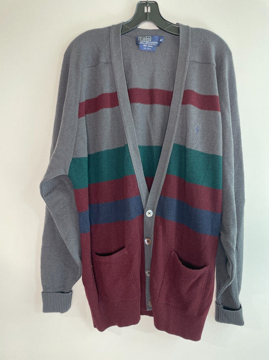 Polo Ralph Lauren Mens L 100% Wool Cardigan Sweater Gray Striped Button-Front