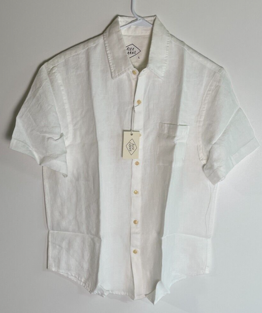 Alex Crane Men's L Ola Shirt French Linen Button Up Short Sleeve Snow White