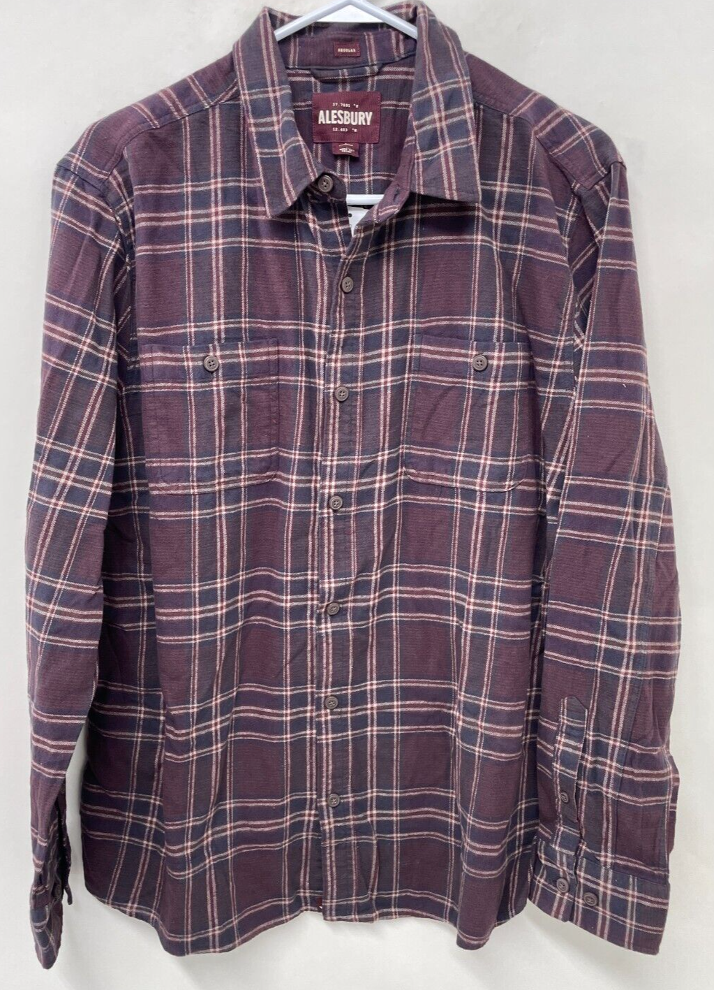 Alesbury Mens L Puente Brushed Flannel Button Up Plaid Dress Shirt Burgundy