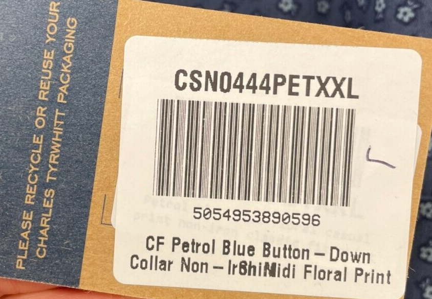 Charles Tyrwhitt Mens XXL Non-Iron Midi Floral Print Button Up Shirt Petrol Blue