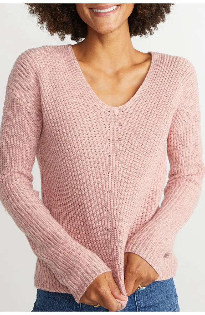 Marine Layer Womens XL Pointelle Elisa Ribbed V-Neck Sweater Pink Cashmere