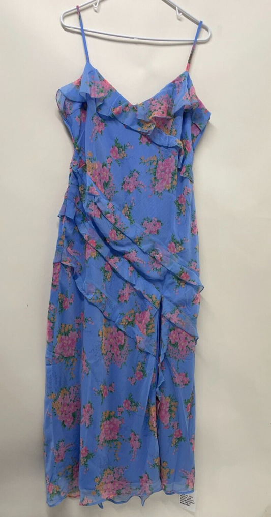 Miss Selfridge Women's 14 Chiffon Ruffle Detail Maxi Slip Dress Blue Floral ASOS