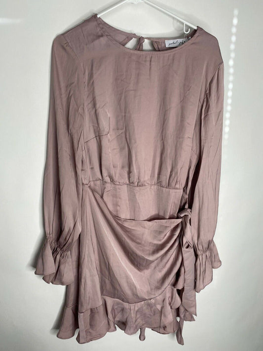 Petal + Pup Womens 10 Taupe Luther Dress Wrap Ruffle Bell Sleeve Mauve Open Back