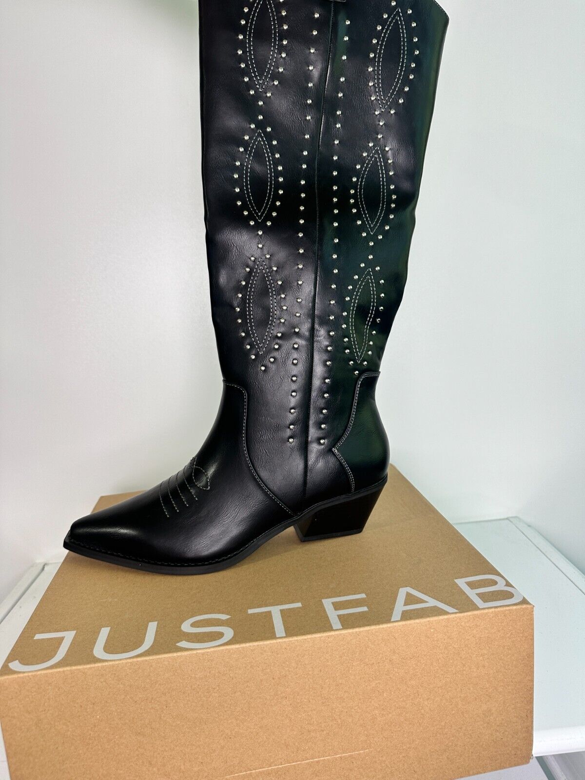 JustFab Women's 12 Casey Western Boot Black Studded Faux Leather Cowboy Cowgirl