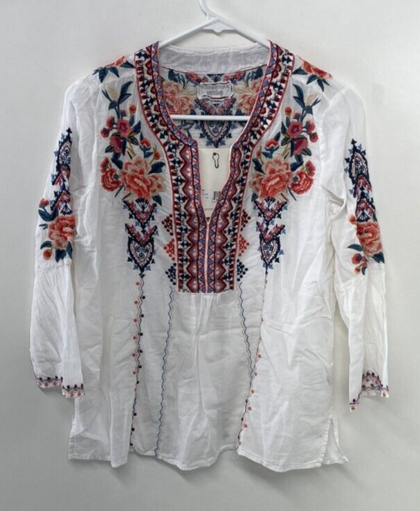 Johnny Was Workshop Womens XS Marion Flare Sleeve Embroidered Blouse Top White