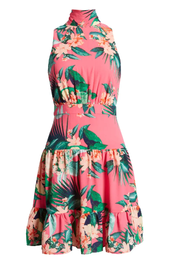 Eliza J Womens 6P Pink Floral High Tie Neck Sleeveless Fit & Flare Dress
