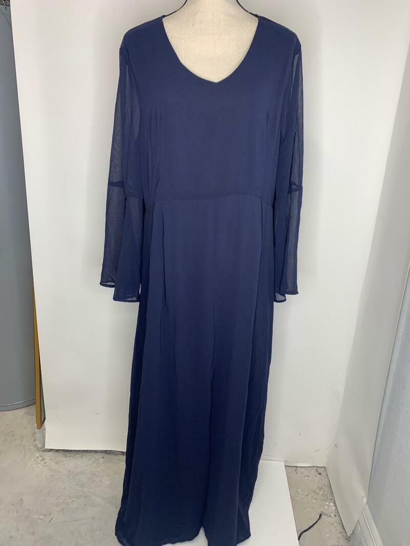 Standards & Practices Womens 1X Navy Norah Maxi Dress Chiffon Bell Sleeve Sheer